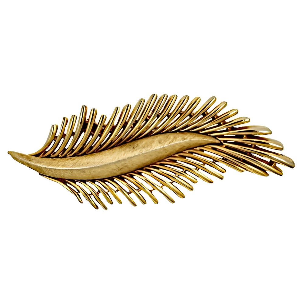 Trifari Gold Plated Brushed and Shiny Feather Brooch circa 1960s